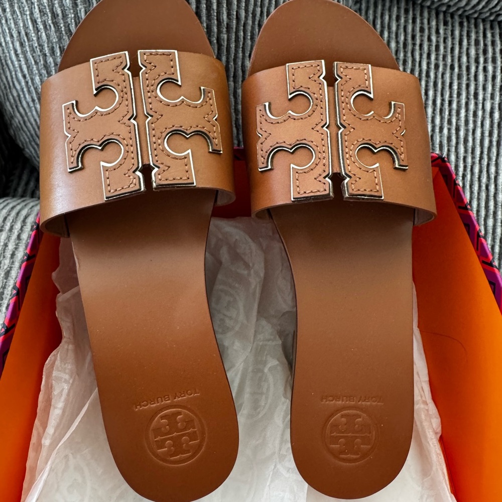 Tory Burch Tan Leather Logo Slide Sandals - Picture 2 of 5